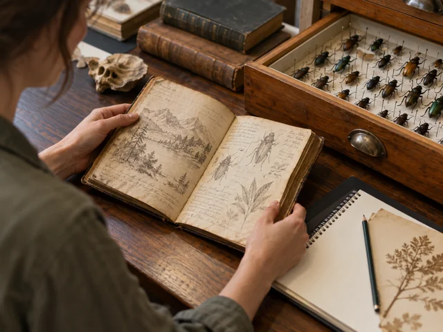 Ilustración generada: Revisión de cuadernos de campo históricos junto a una colección entomológica.