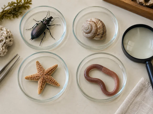Ilustración generada: Ejemplares ilustrativos de distintos grupos de invertebrados en una mesa de laboratorio.