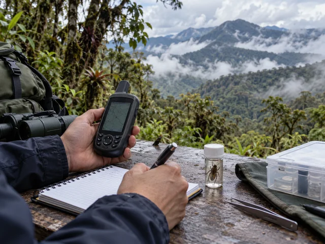 Ilustración generada: Trabajo de campo con GPS y cuaderno para registrar ubicaciones.