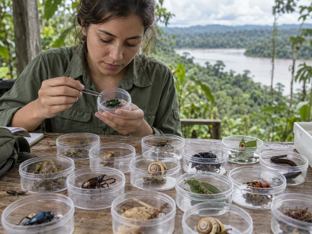 Ilustración generada: Observación de distintos invertebrados durante un muestreo en un bosque tropical.